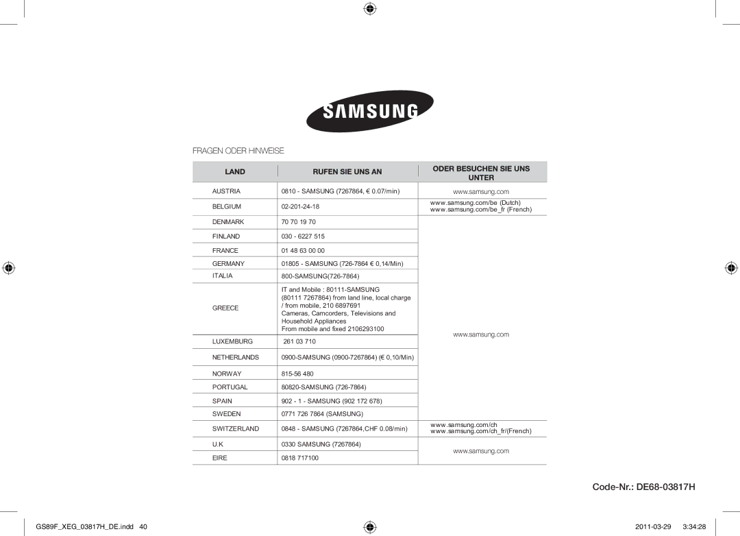 Samsung GS89F-1SP/XEG manual Code-Nr. DE68-03817H 