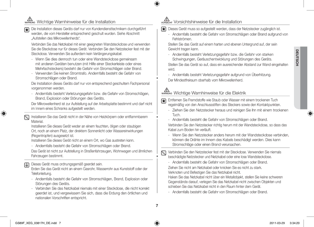 Samsung GS89F-1SP/XEG manual Warnung Wichtige Warnhinweise für die Installation 