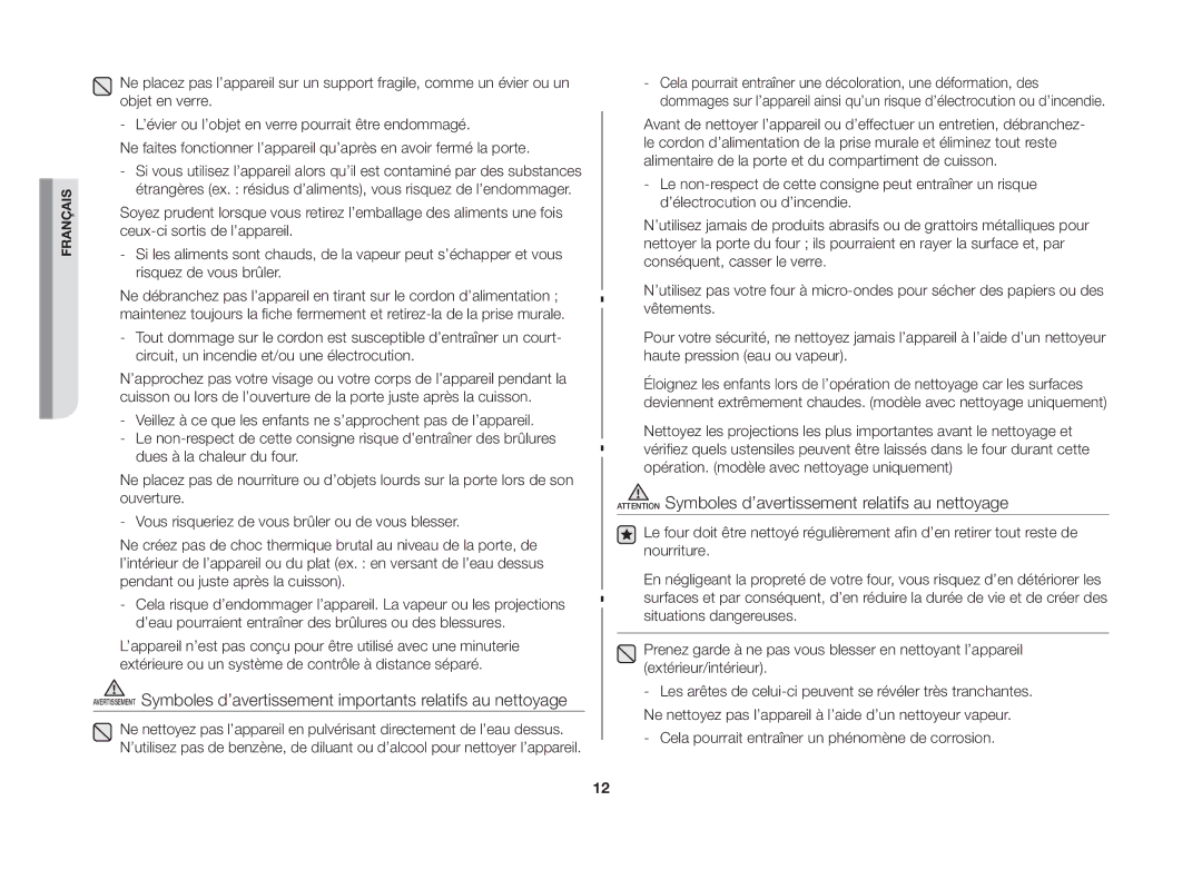 Samsung GS89F-SP/XEF manual Cela pourrait entraîner un phénomène de corrosion 