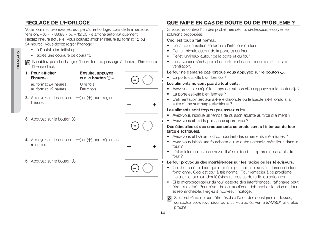 Samsung GS89F-SP/XEF manual Réglage de lhorloge, Que faire en cas de doute ou de problème ? 