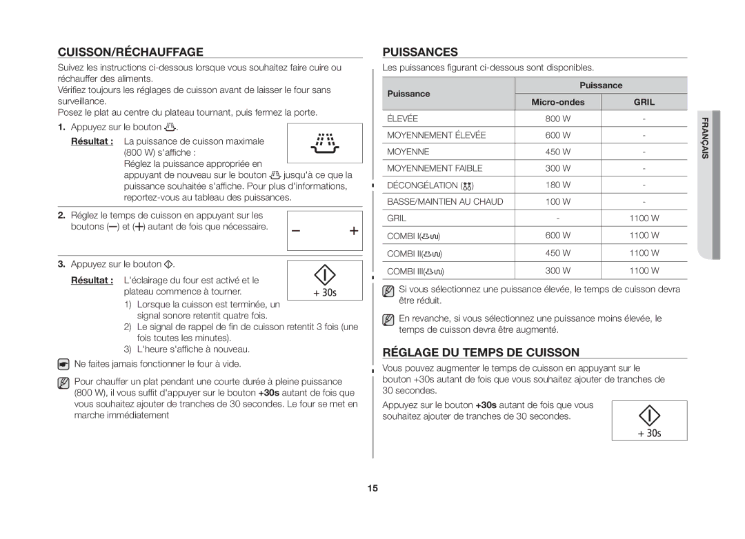 Samsung GS89F-SP/XEF manual Cuisson/Réchauffage, Puissances, Réglage du temps de cuisson, Puissance Micro-ondes 