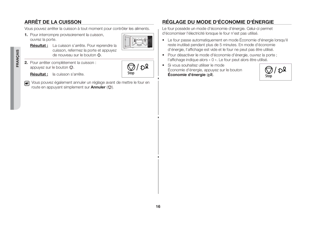 Samsung GS89F-SP/XEF manual Arrêt de la cuisson, Réglage du mode déconomie dénergie, Économie dénergie 