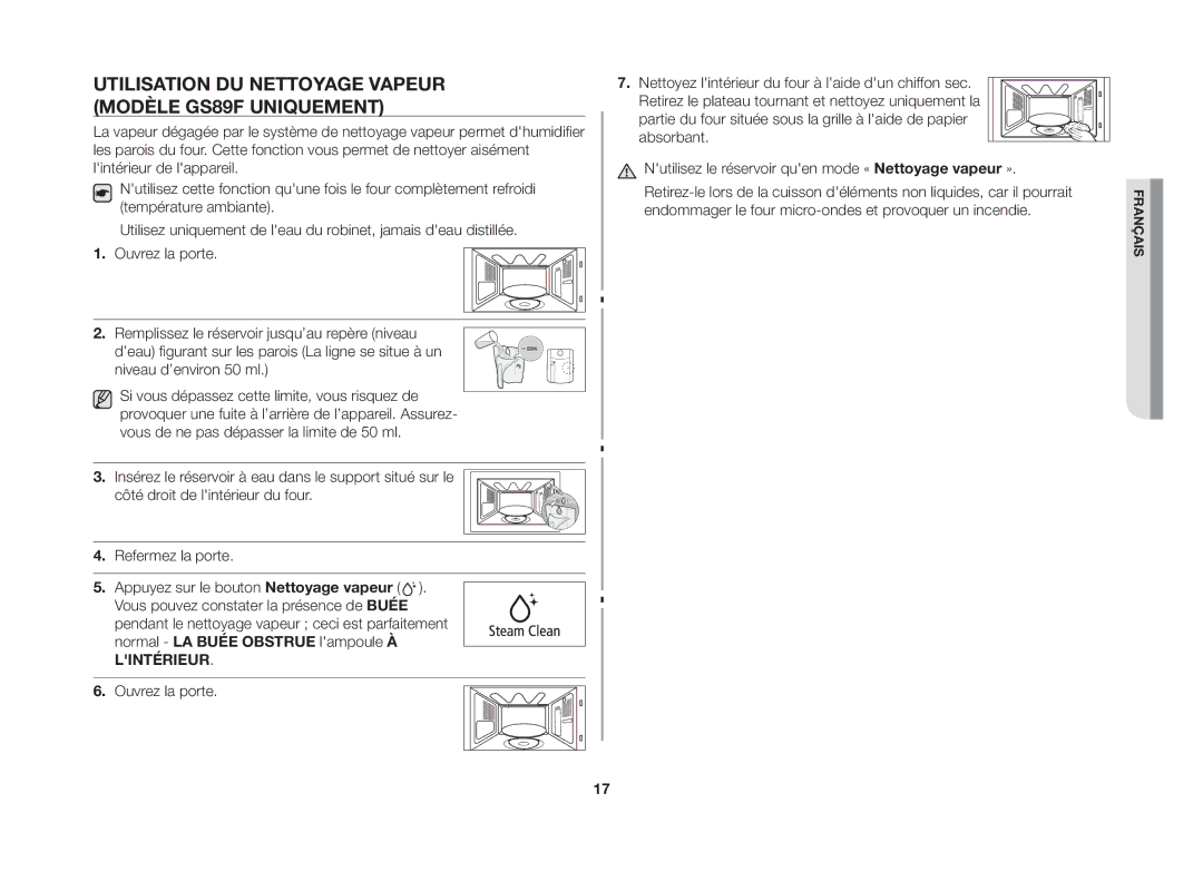 Samsung GS89F-SP/XEF manual Utilisation du nettoyage vapeur modèle GS89F uniquement 