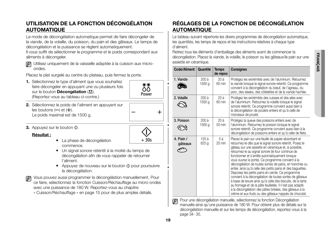 Samsung GS89F-SP/XEF manual Utilisation de la fonction décongélation automatique, Résultat, Temps Consignes 