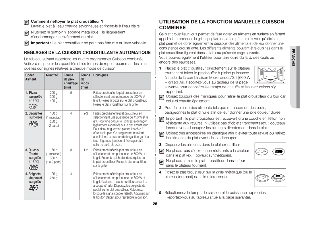 Samsung GS89F-SP/XEF Réglages de la cuisson croustillante automatique, Comment nettoyer le plat croustilleur ?, + gril 