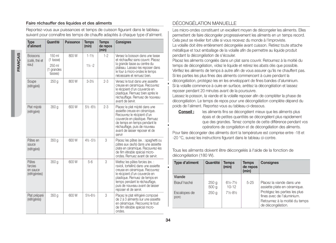 Samsung GS89F-SP/XEF Décongélation Manuelle, Faire réchauffer des liquides et des aliments, Temps Consignes ’aliment Min 