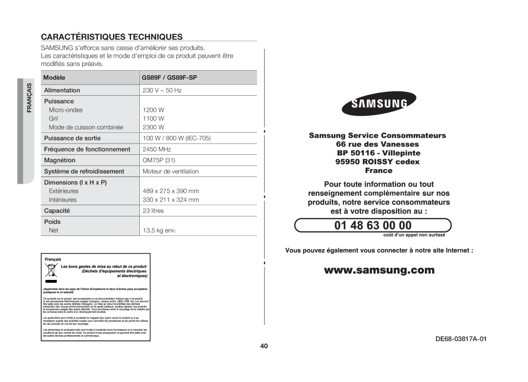 Samsung GS89F-SP/XEF manual Caractéristiques techniques, DE68-03817A-01, Modèle GS89F / GS89F-SP 