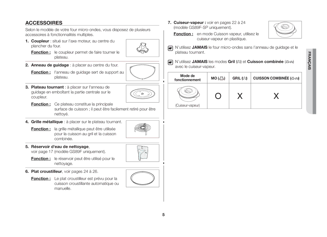 Samsung GS89F-SP/XEF manual Accessoires, Réservoir deau de nettoyage, Cuiseur-vapeur 