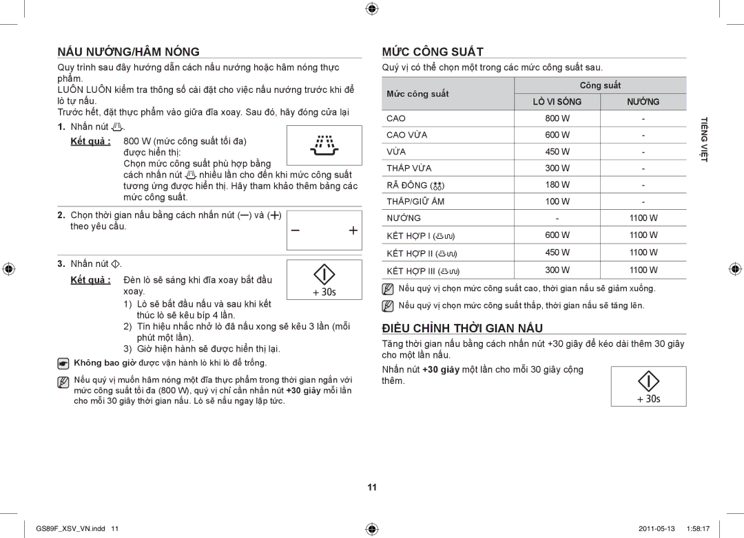 Samsung GS89F-SS/XSV manual Nấu nướng/Hâm nóng, Điều chỉnh thời gian nấu, Mức công suất Công suất 