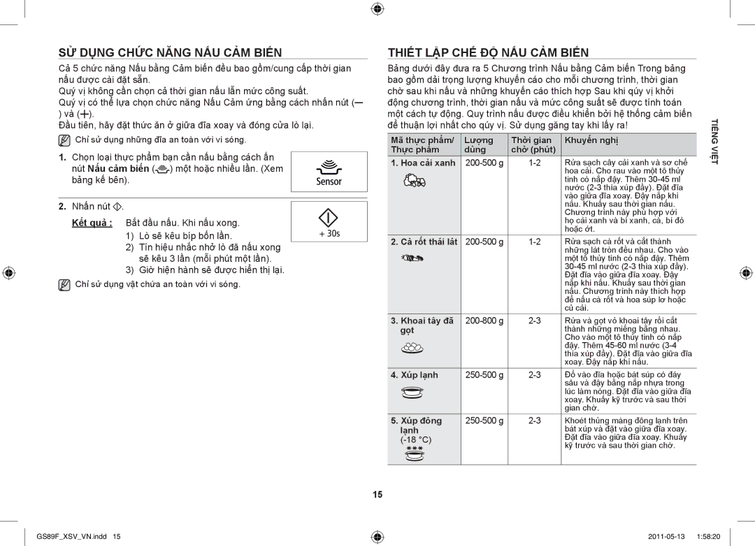 Samsung GS89F-SS/XSV manual Sử dụng chức năng nấu cảm biến, Thiết lập chế độ nấu cảm biến 