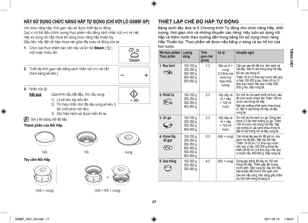 Samsung GS89F-SS/XSV Hãy sử dụng chức năng hấp tự động chỉ với lò GS89F-SP, Thiết lập chế độ hấp tự động, Tay cầm Nồi Hấp 