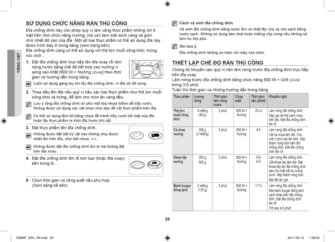 Samsung GS89F-SS/XSV manual Sử dụng chức năng rán thủ công, Thiết lập chế độ rán thủ công 