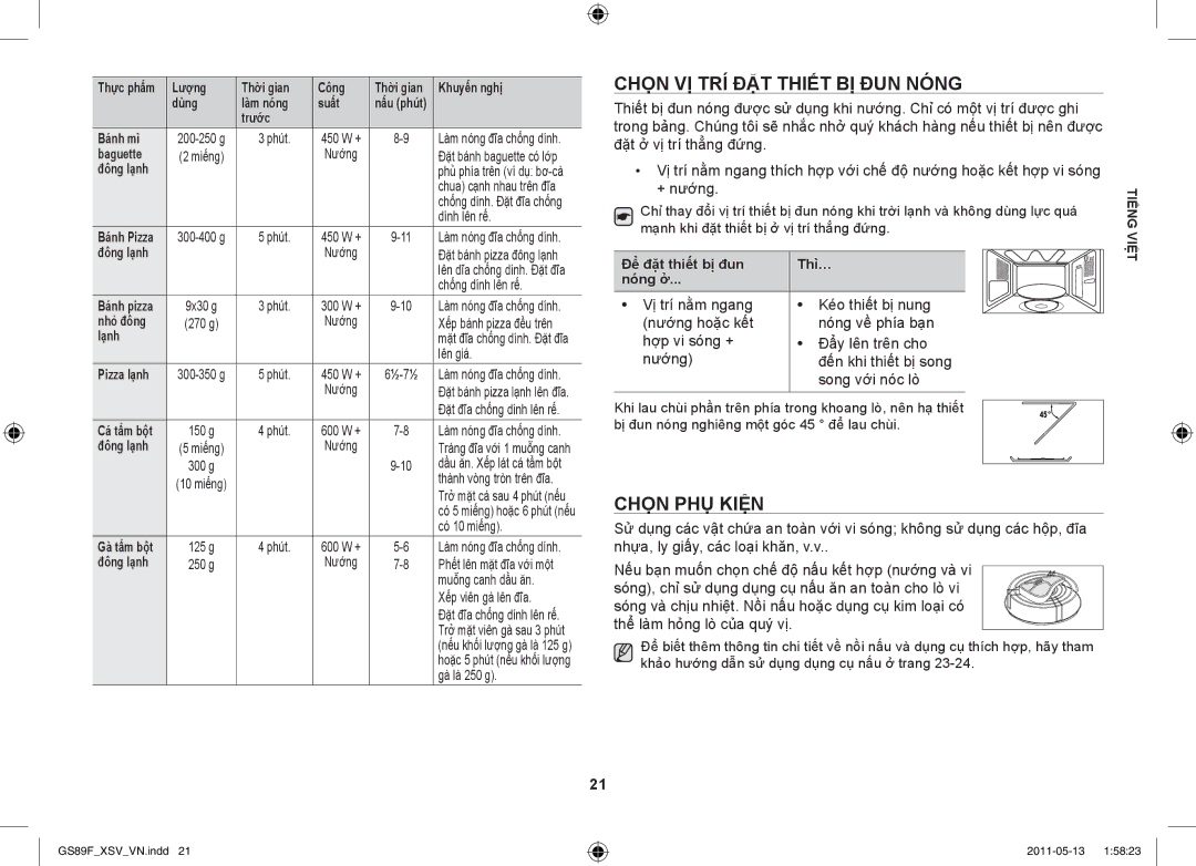 Samsung GS89F-SS/XSV manual Chọn vị trí đặt thiết bị đun nóng, Chọn phụ kiện, Trước Bánh mì, Nhỏ đông 