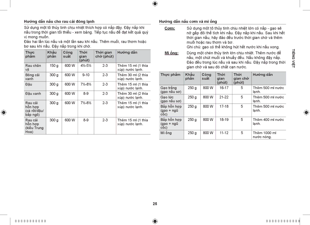 Samsung GS89F-SS/XSV manual Hướng dẫn nấu cho rau cải đông lạnh, Hướng dẫn nấu cơm và mì ống 