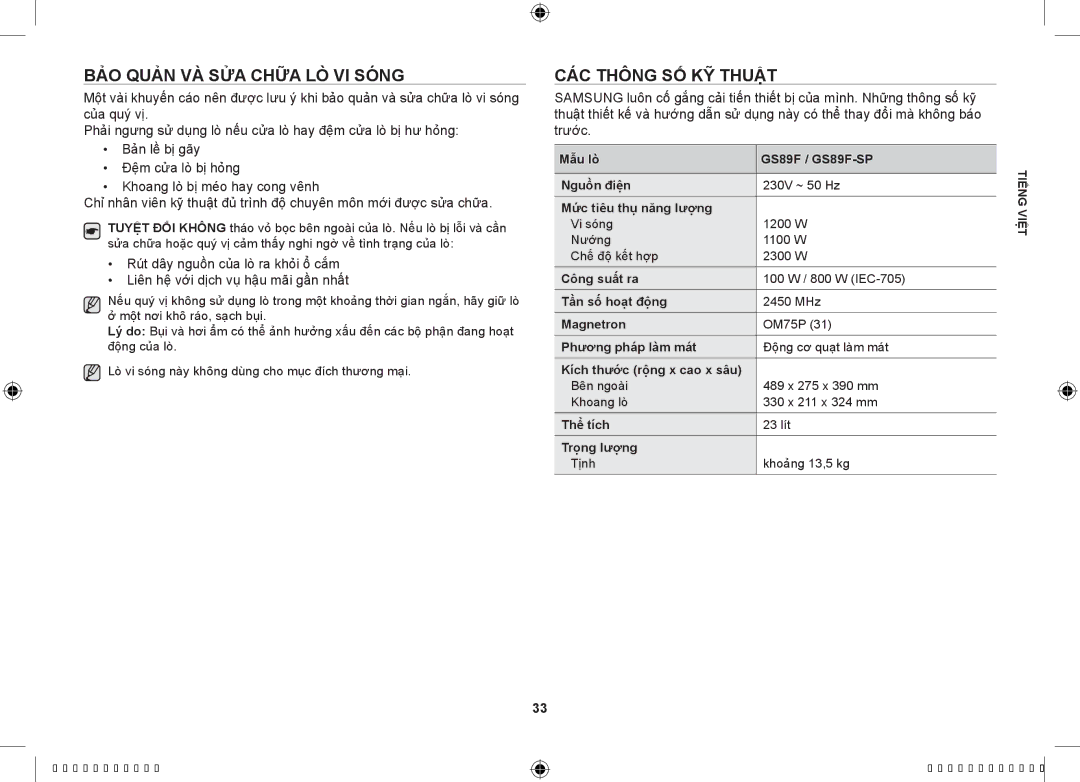 Samsung GS89F-SS/XSV manual Bảo quản và sửa chữa lò vi sóng, Các thông số kỹ thuật 