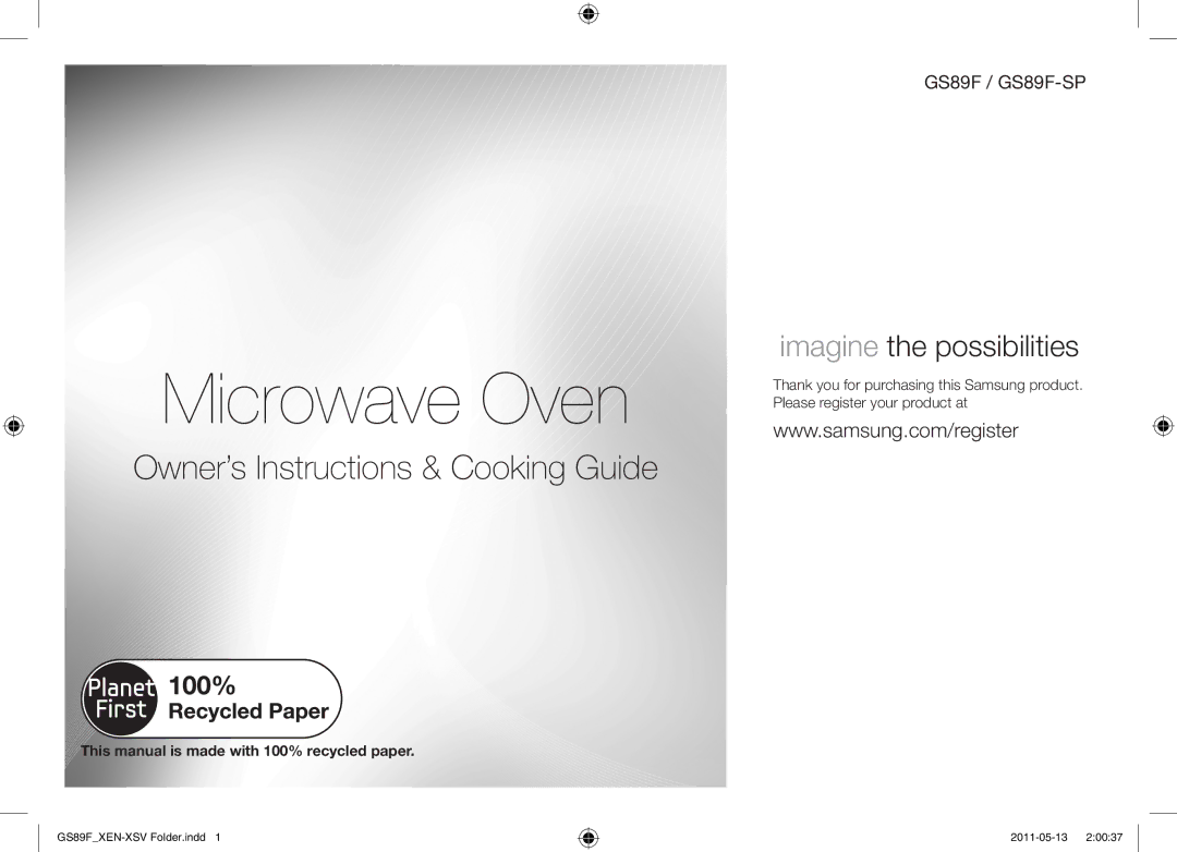 Samsung GS89F-SS/XSV Microwave Oven, This manual is made with 100% recycled paper 