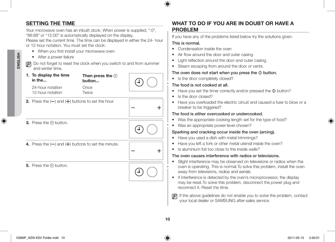 Samsung GS89F-SS/XSV manual Setting the time, What to do if you are in doubt or have a problem, Then press Button, Press 