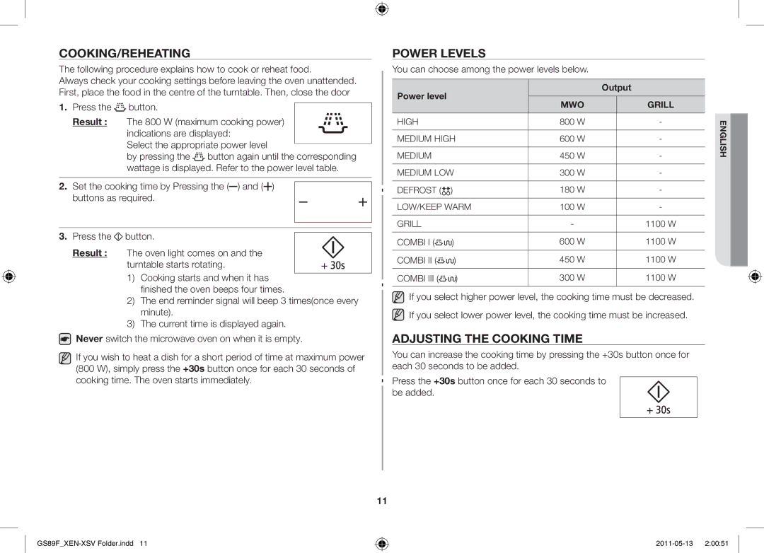 Samsung GS89F-SS/XSV manual Cooking/Reheating, Power levels, Adjusting the cooking time, Output 