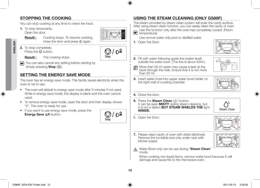 Samsung GS89F-SS/XSV manual Stopping the cooking, Setting the energy save mode, Using the steam cleaning only GS89F 