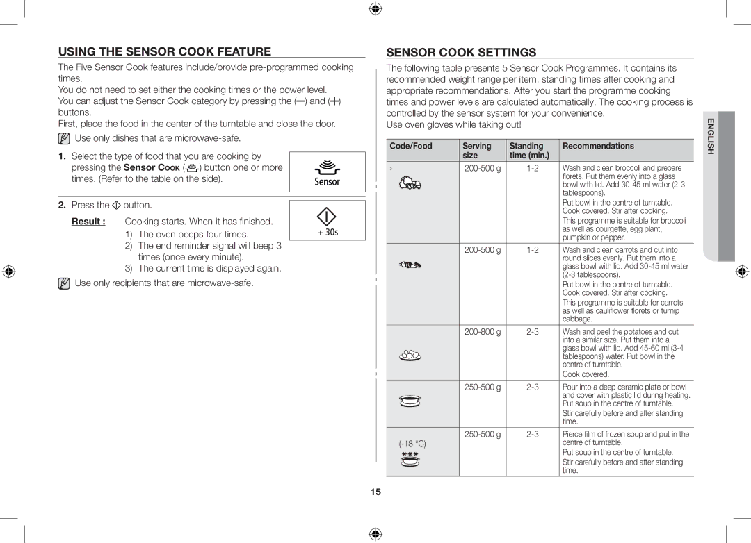 Samsung GS89F-SS/XSV manual Using the sensor cook feature, Sensor cook settings 