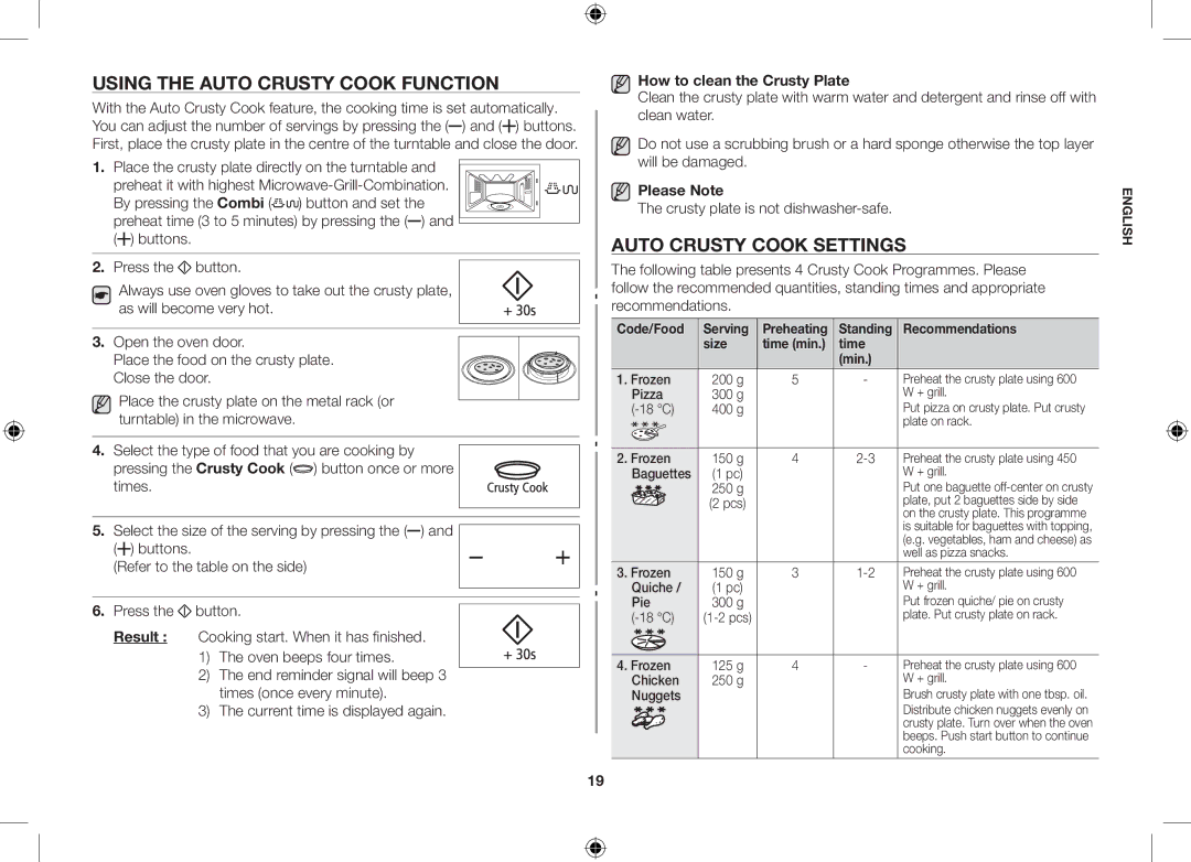 Samsung GS89F-SS/XSV manual Using the auto crusty cook function, Auto crusty cook settings, How to clean the Crusty Plate 