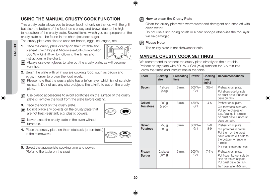 Samsung GS89F-SS/XSV Using the manual crusty cook function, Manual crusty cook settings 