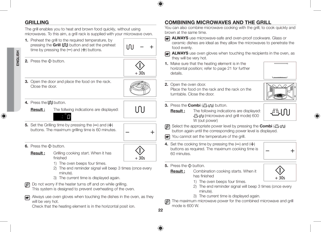 Samsung GS89F-SS/XSV manual Grilling, Combining microwaves and the grill 