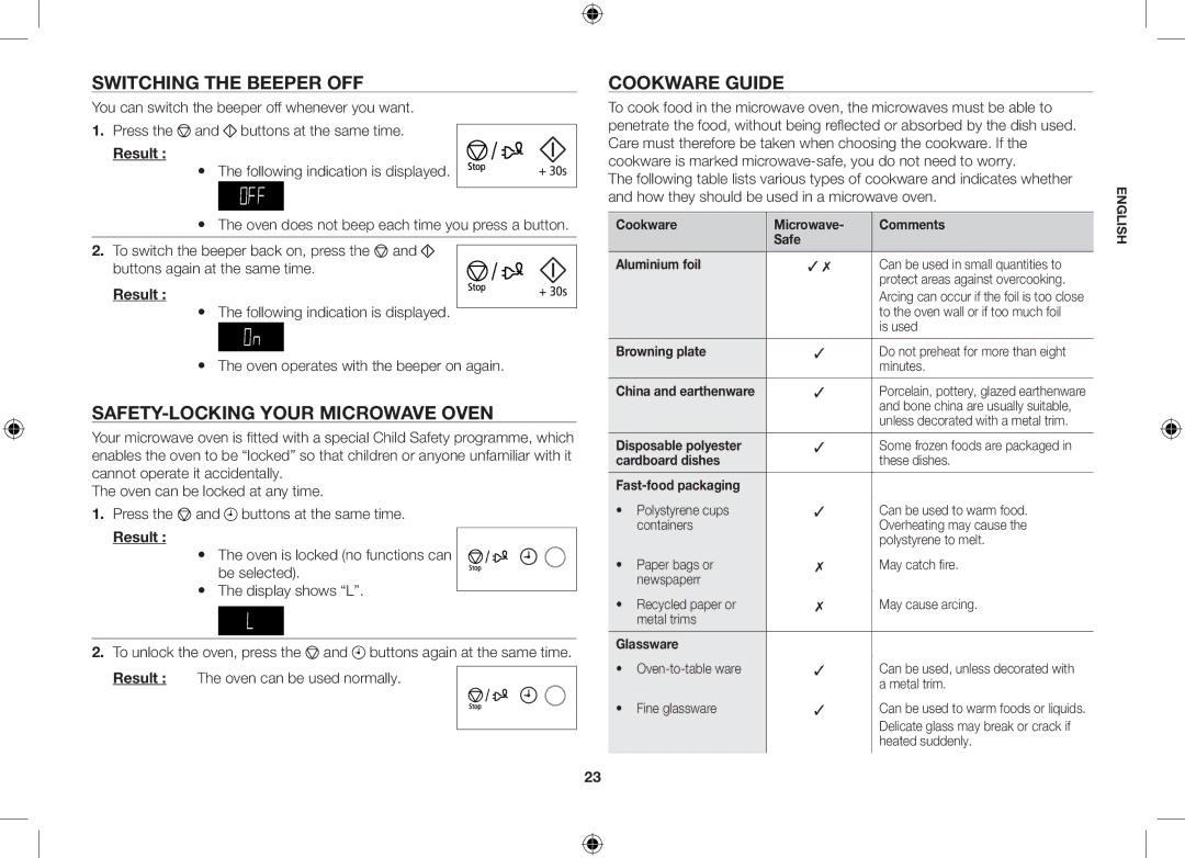 Samsung GS89F-SS/XSV manual Switching the beeper off, Safety-locking your microwave oven, Cookware guide 