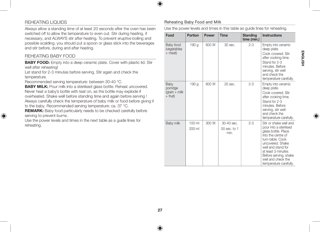 Samsung GS89F-SS/XSV manual Reheating Liquids, Reheating Baby Food 