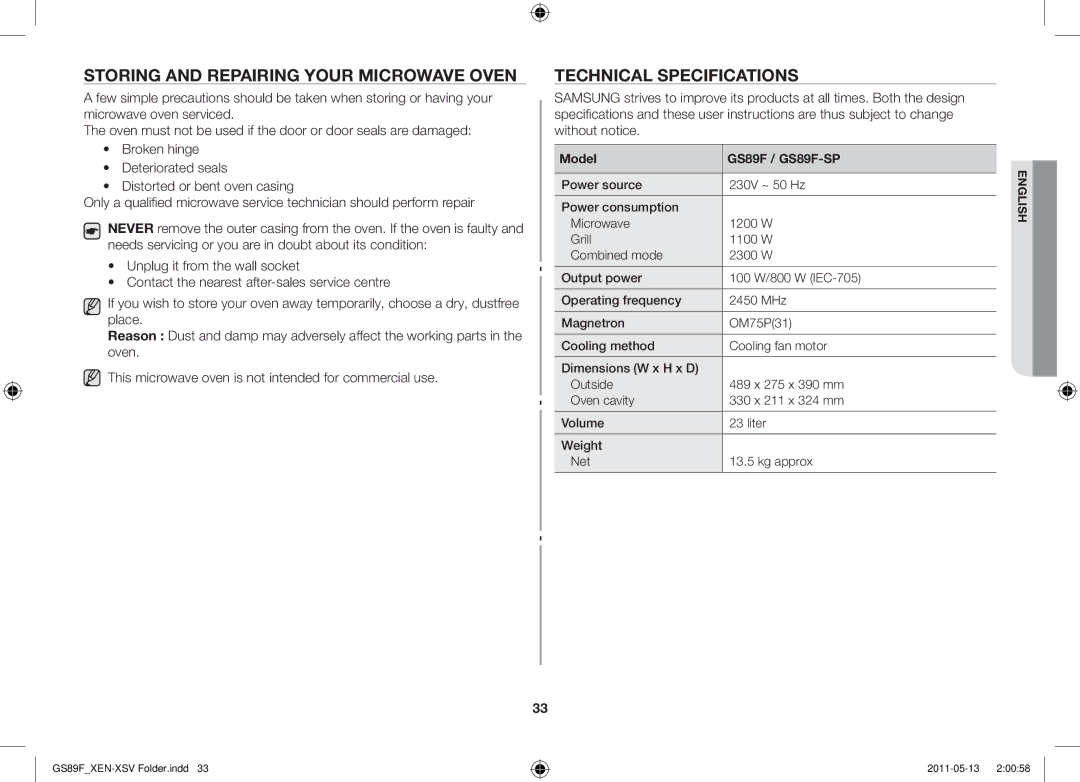 Samsung GS89F-SS/XSV manual Storing and repairing your microwave oven, Technical specifications, Model GS89F / GS89F-SP 