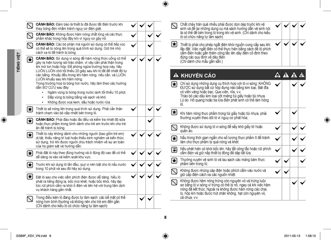 Samsung GS89F-SS/XSV manual Khuyến CÁO, Chỉ dành cho mẫu gắn sẵn 