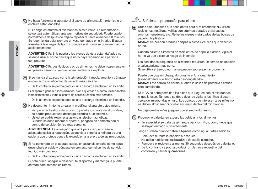 Samsung GS89F-S/XEC manual Precaución Señales de precaución para el uso 