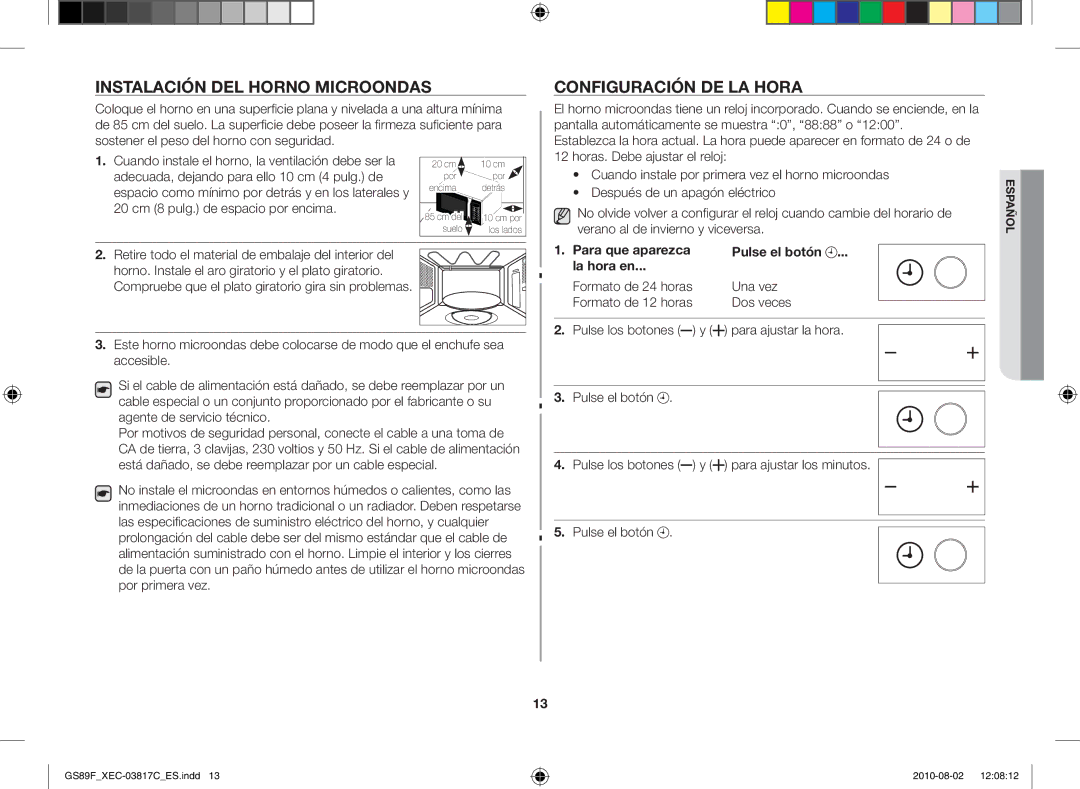 Samsung GS89F-S/XEC manual Instalación del horno microondas, Configuración de la hora, Para ajustar la hora 