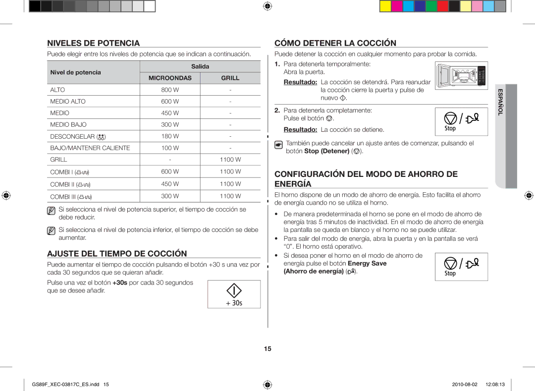 Samsung GS89F-S/XEC manual Niveles de potencia Cómo detener la cocción, Ajuste del tiempo de cocción, Ahorro de energía 