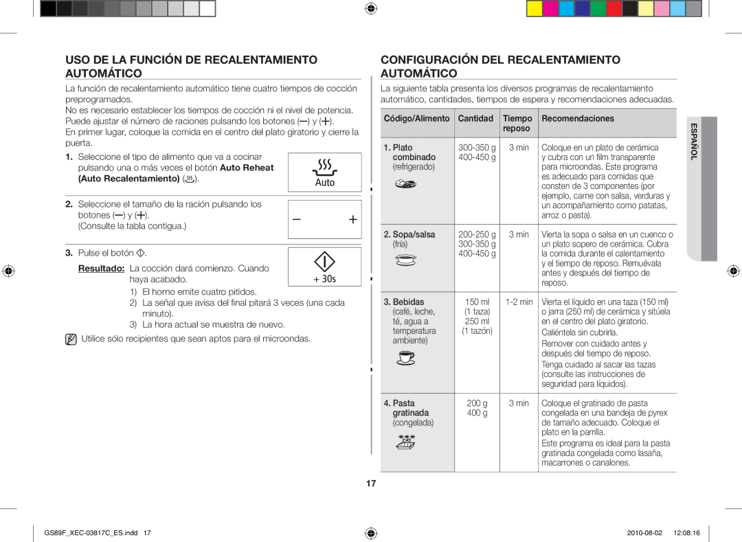 Samsung GS89F-S/XEC manual Uso de la función de recalentamiento automático, Configuración del recalentamiento automático 