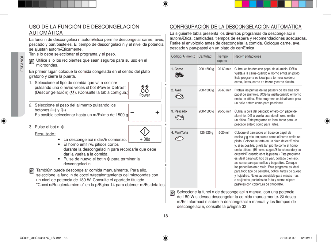 Samsung GS89F-S/XEC manual Uso de la función de descongelación automática, Configuración de la descongelación automática 