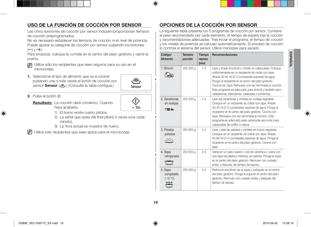 Samsung GS89F-S/XEC manual Uso de la función de cocción por sensor, Opciones de la cocción por sensor, Min 