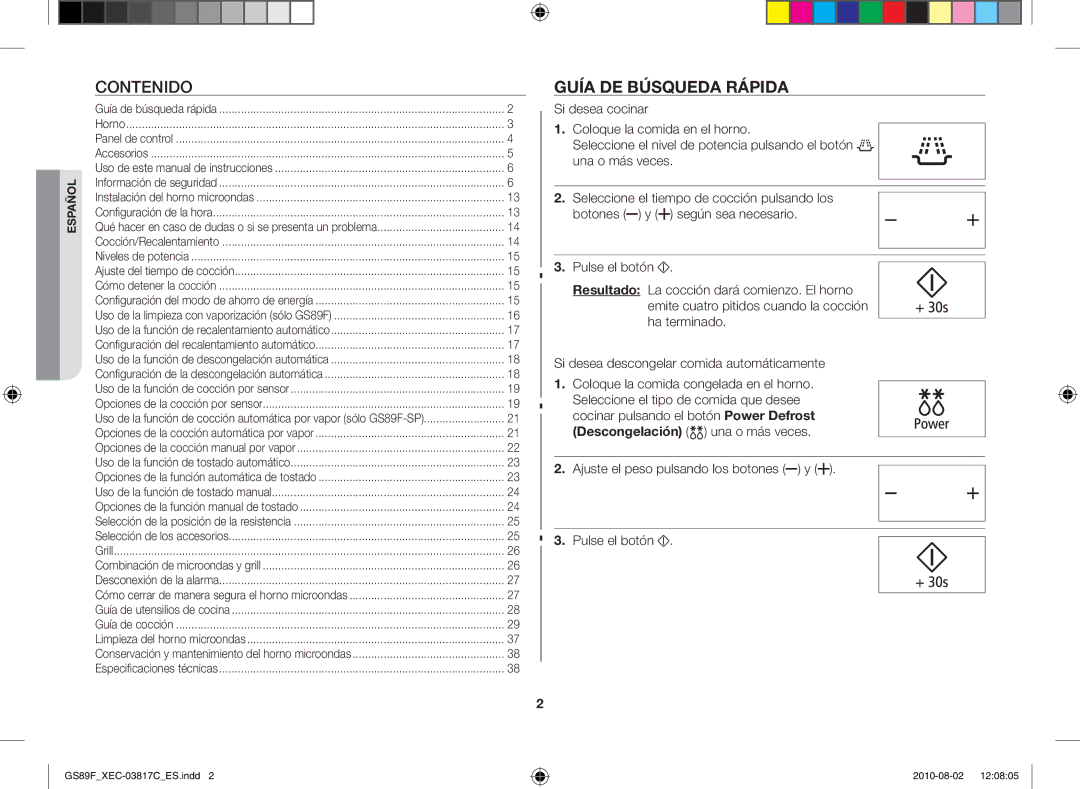 Samsung GS89F-S/XEC manual Guía de búsqueda rápida, Ajuste el peso pulsando los botones y Pulse el botón 