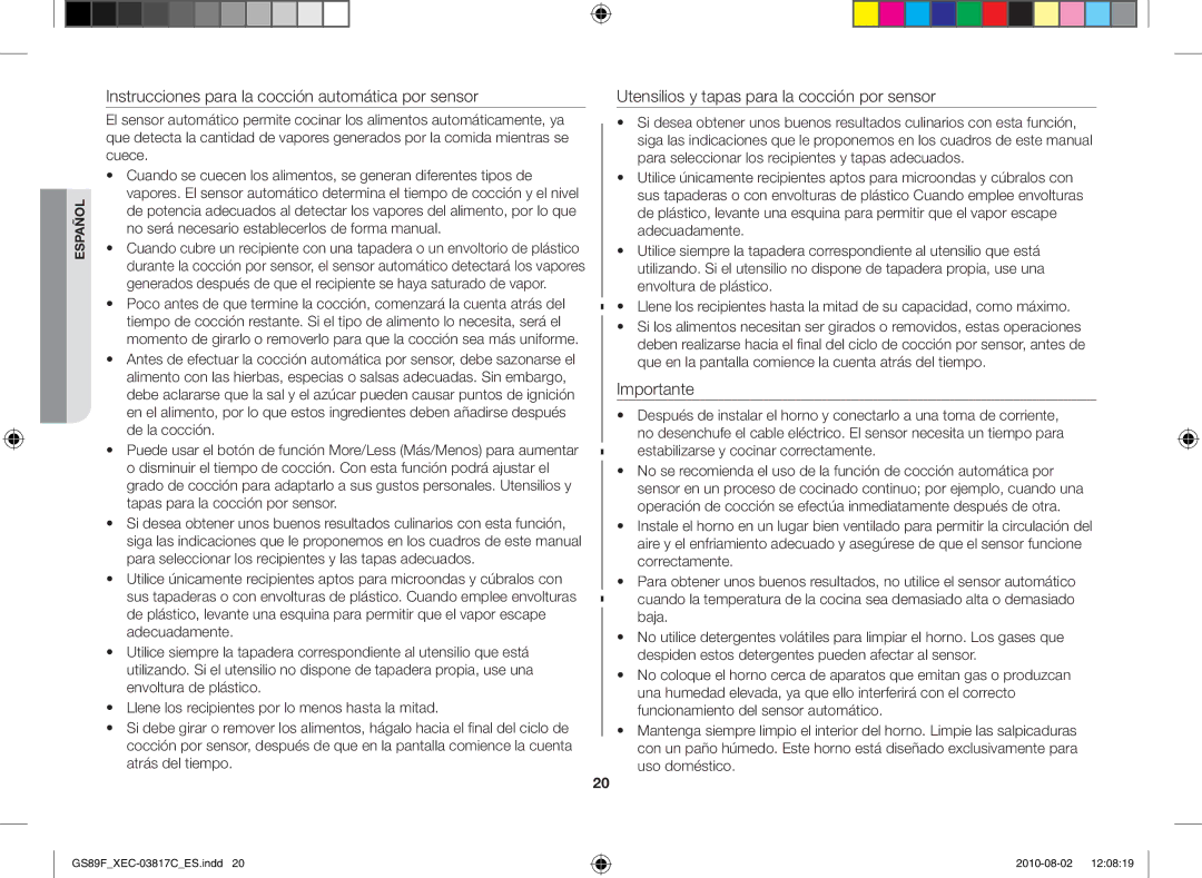 Samsung GS89F-S/XEC Instrucciones para la cocción automática por sensor, Utensilios y tapas para la cocción por sensor 