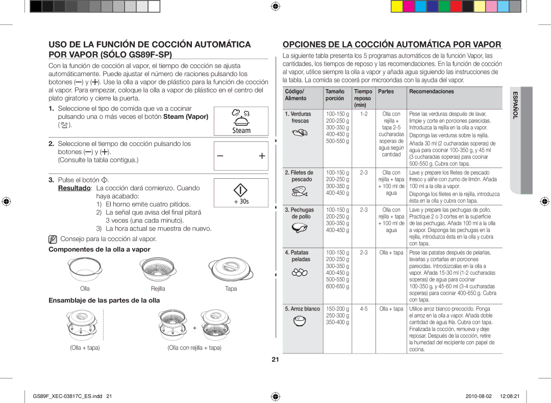 Samsung GS89F-S/XEC manual Opciones de la cocción automática por vapor, Componentes de la olla a vapor 