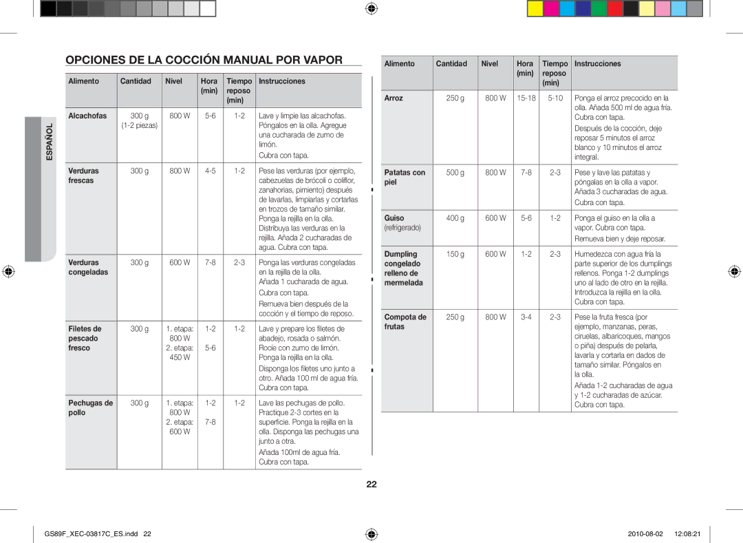 Samsung GS89F-S/XEC Opciones de la cocción manual por vapor 