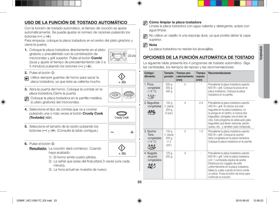 Samsung GS89F-S/XEC manual Uso de la función de tostado automático, Opciones de la función automática de tostado 