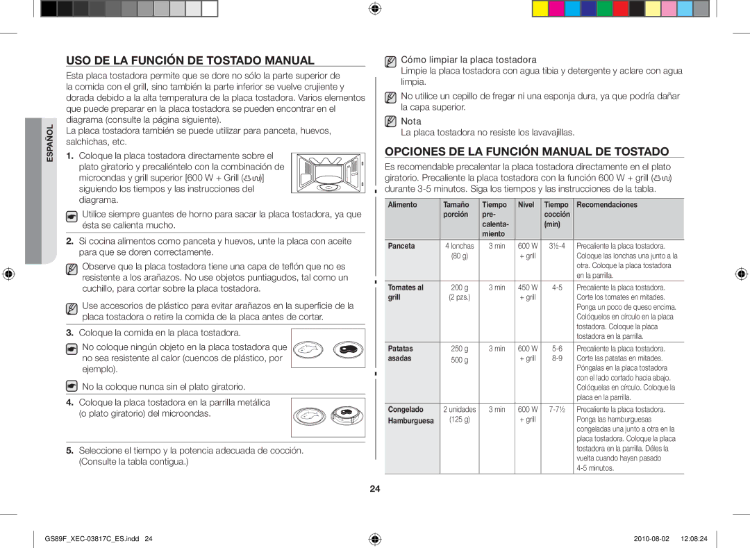 Samsung GS89F-S/XEC Uso de la función de tostado manual, Opciones de la función manual de tostado 