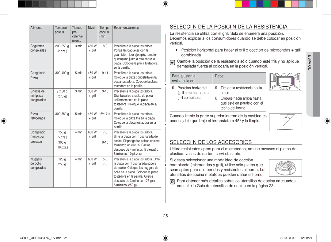 Samsung GS89F-S/XEC manual Selección de la posición de la resistencia, Selección de los accesorios 