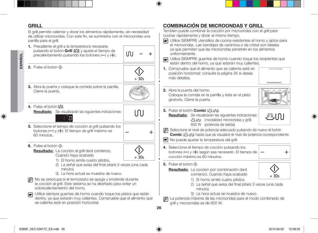 Samsung GS89F-S/XEC manual Grill, Combinación de microondas y grill 