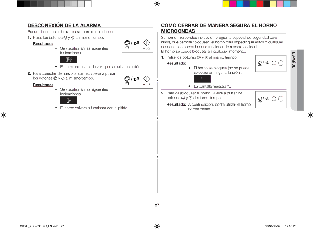 Samsung GS89F-S/XEC manual Desconexión de la alarma, Cómo cerrar de manera segura el horno microondas 