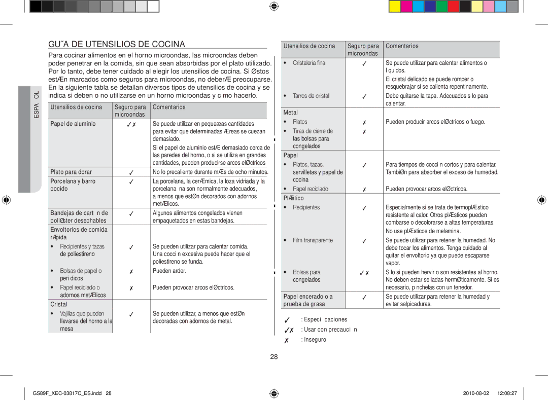 Samsung GS89F-S/XEC manual Guía de utensilios de cocina 