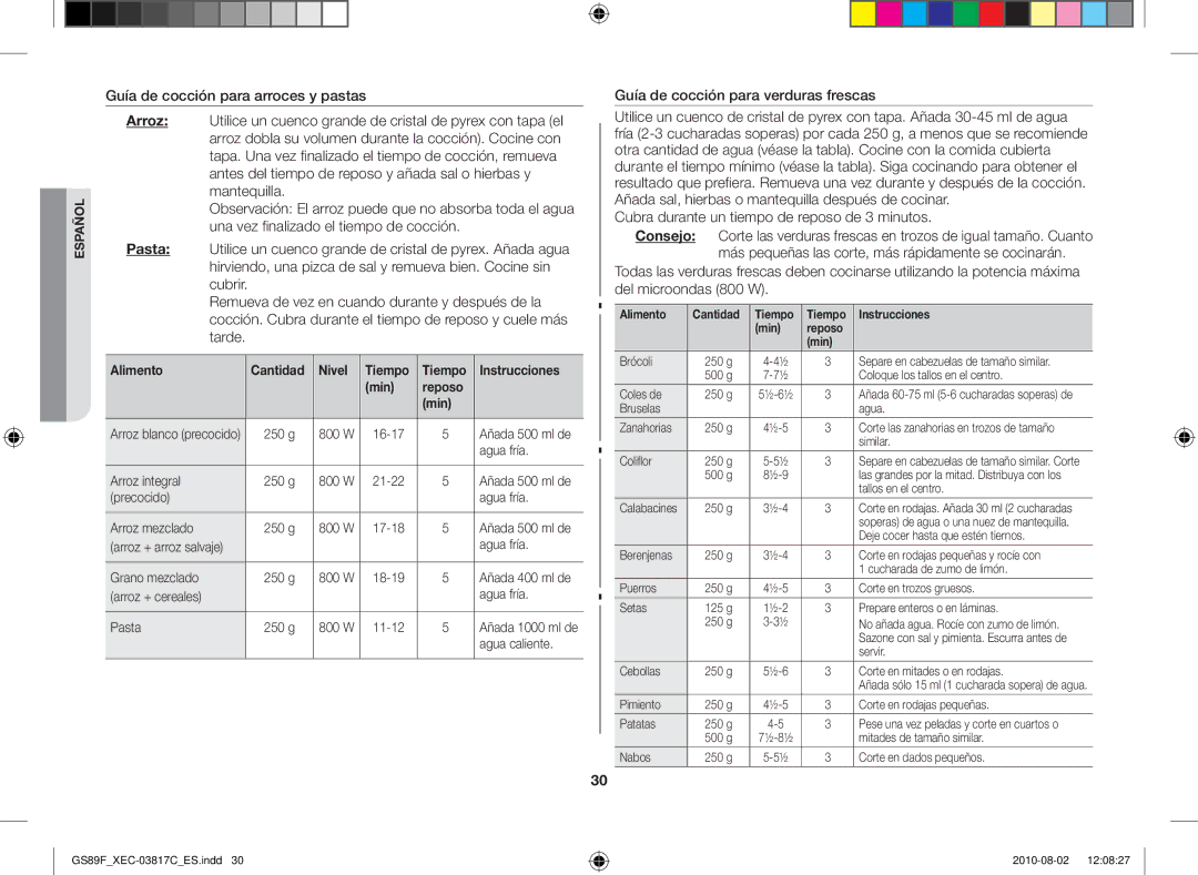 Samsung GS89F-S/XEC manual Guía de cocción para verduras frescas, Cubra durante un tiempo de reposo de 3 minutos 