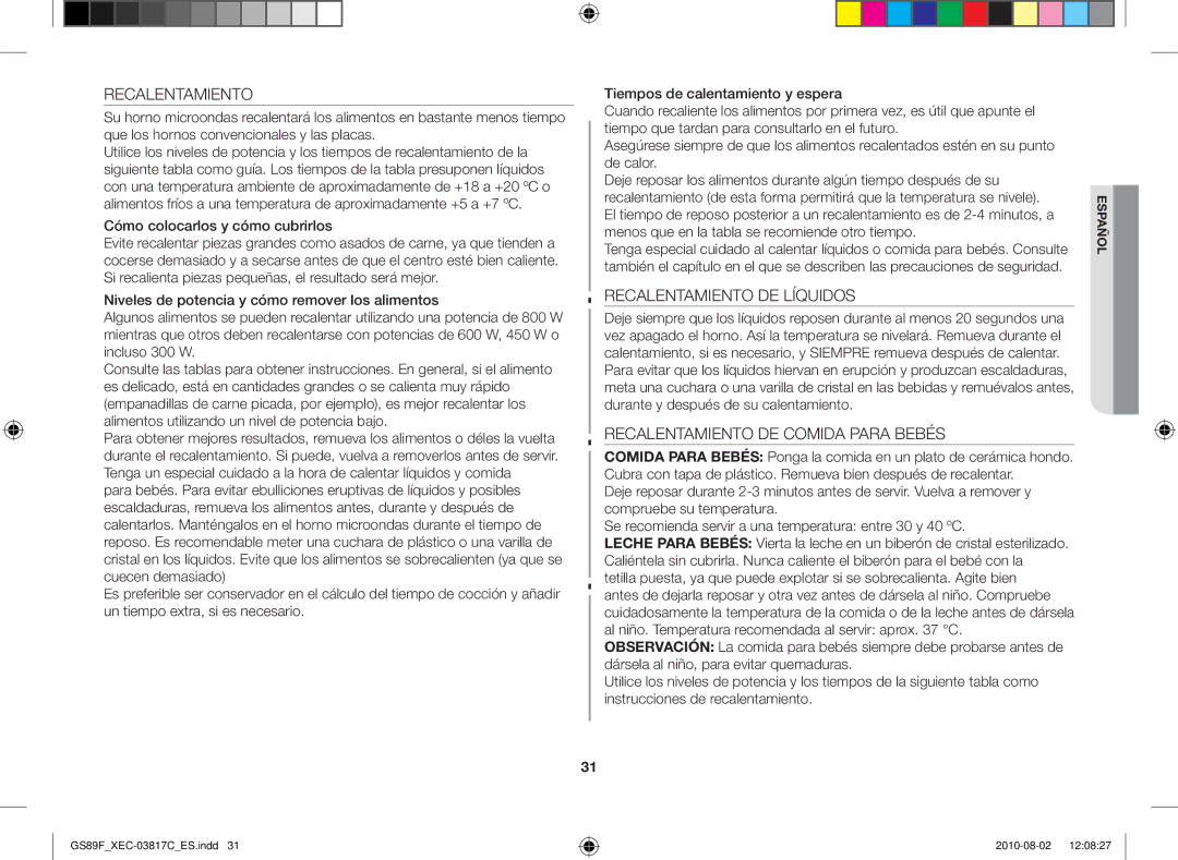 Samsung GS89F-S/XEC manual Recalentamiento DE Líquidos, Recalentamiento DE Comida Para Bebés 