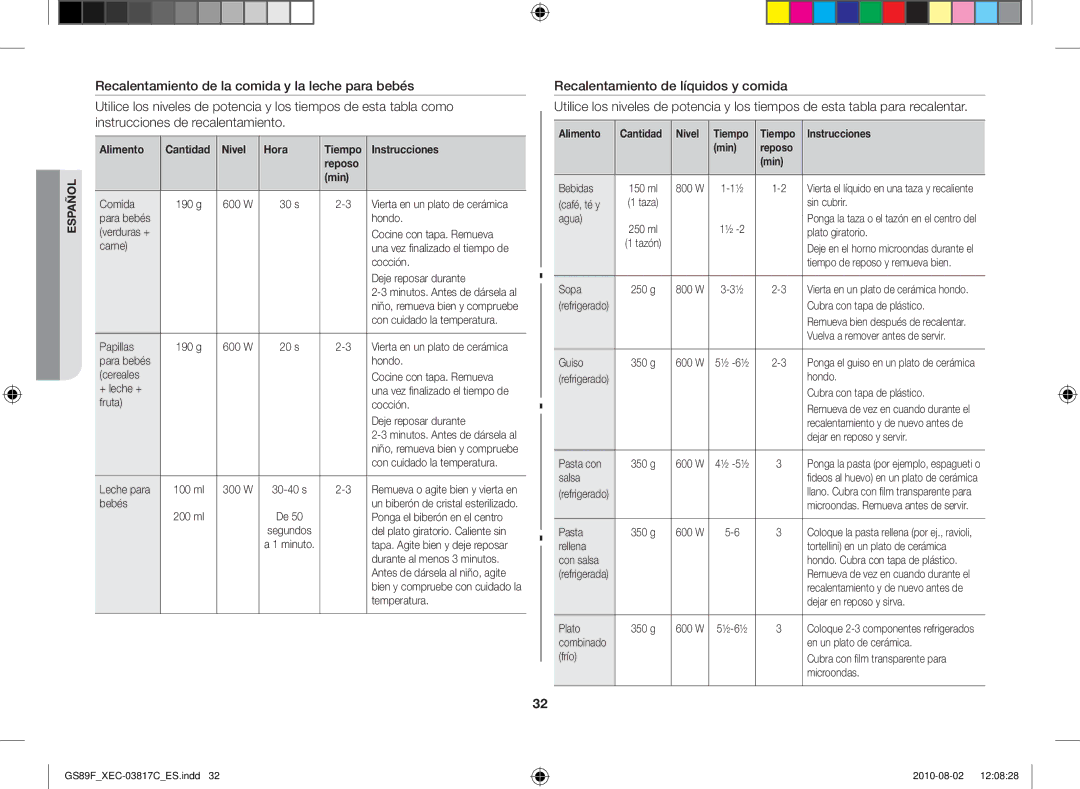 Samsung GS89F-S/XEC manual Alimento Cantidad Nivel Tiempo Instrucciones Min Reposo 